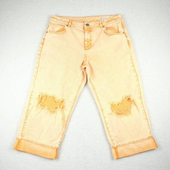 Asos Jeans Womens 34 28 Orange Denim Capris Distressed Cuffed Baggy Retro 90s - Picture 1 of 10
